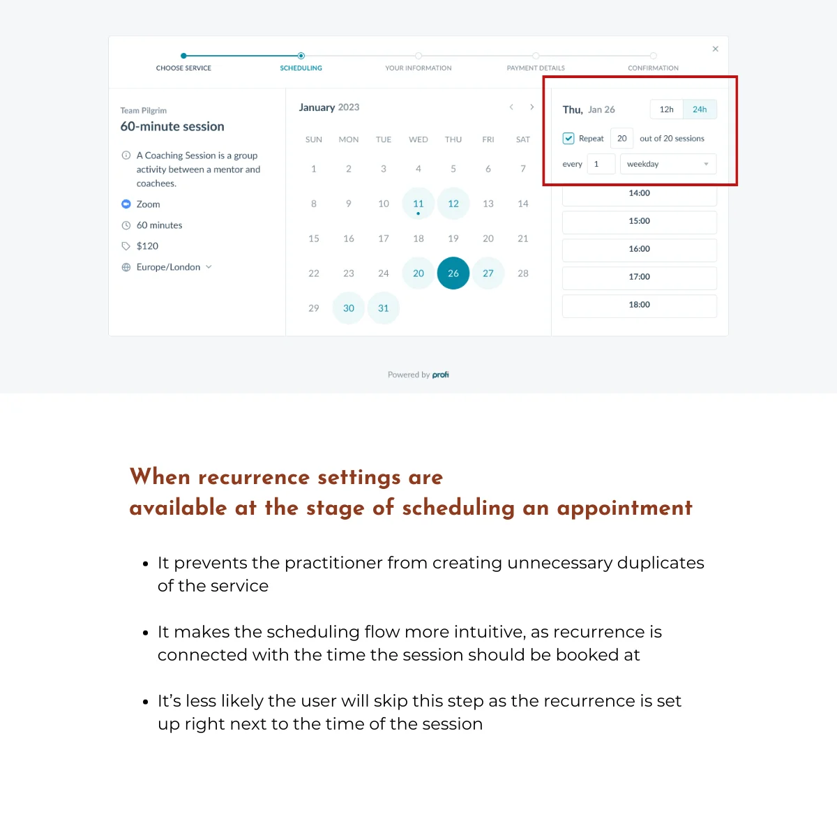 After — appointment booking interface with recurrence settings available inline