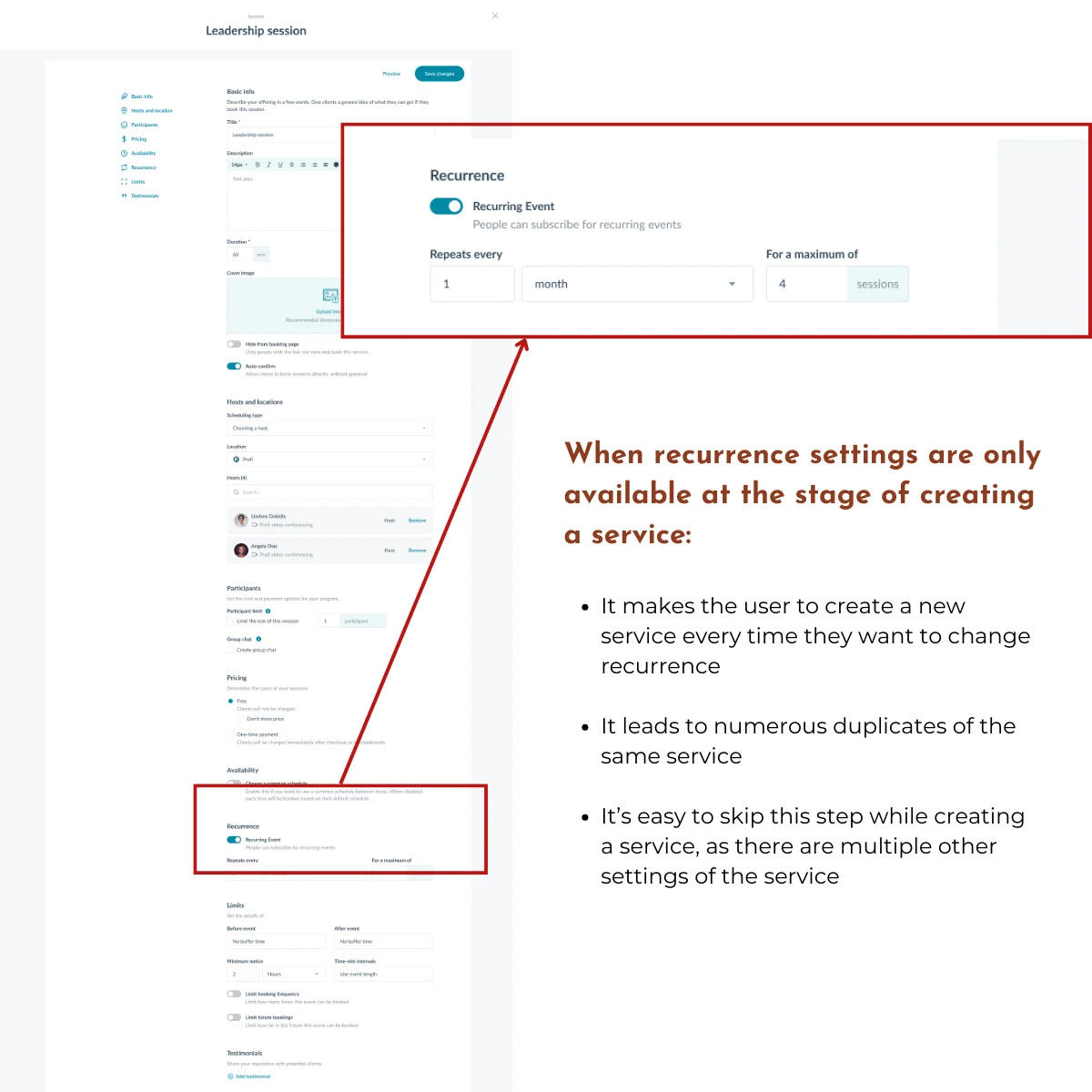 Before — service creation interface without recurrence options at the appointment booking stage