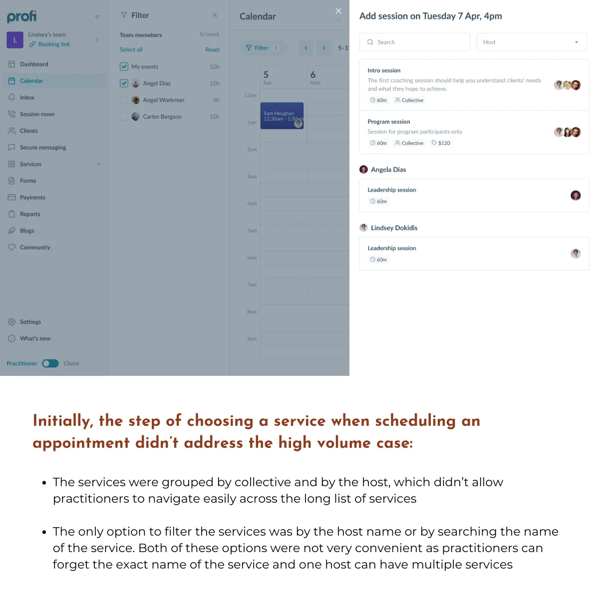 Before — long ungrouped service list with no filtering options