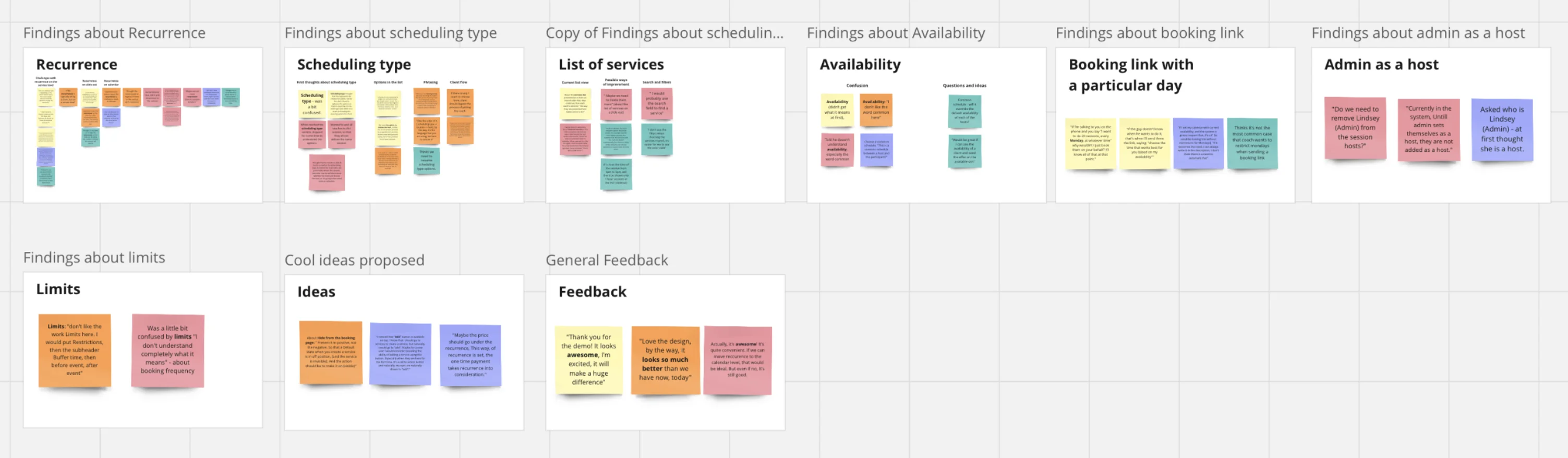 Thematic analysis spreadsheet showing categorization of findings by theme